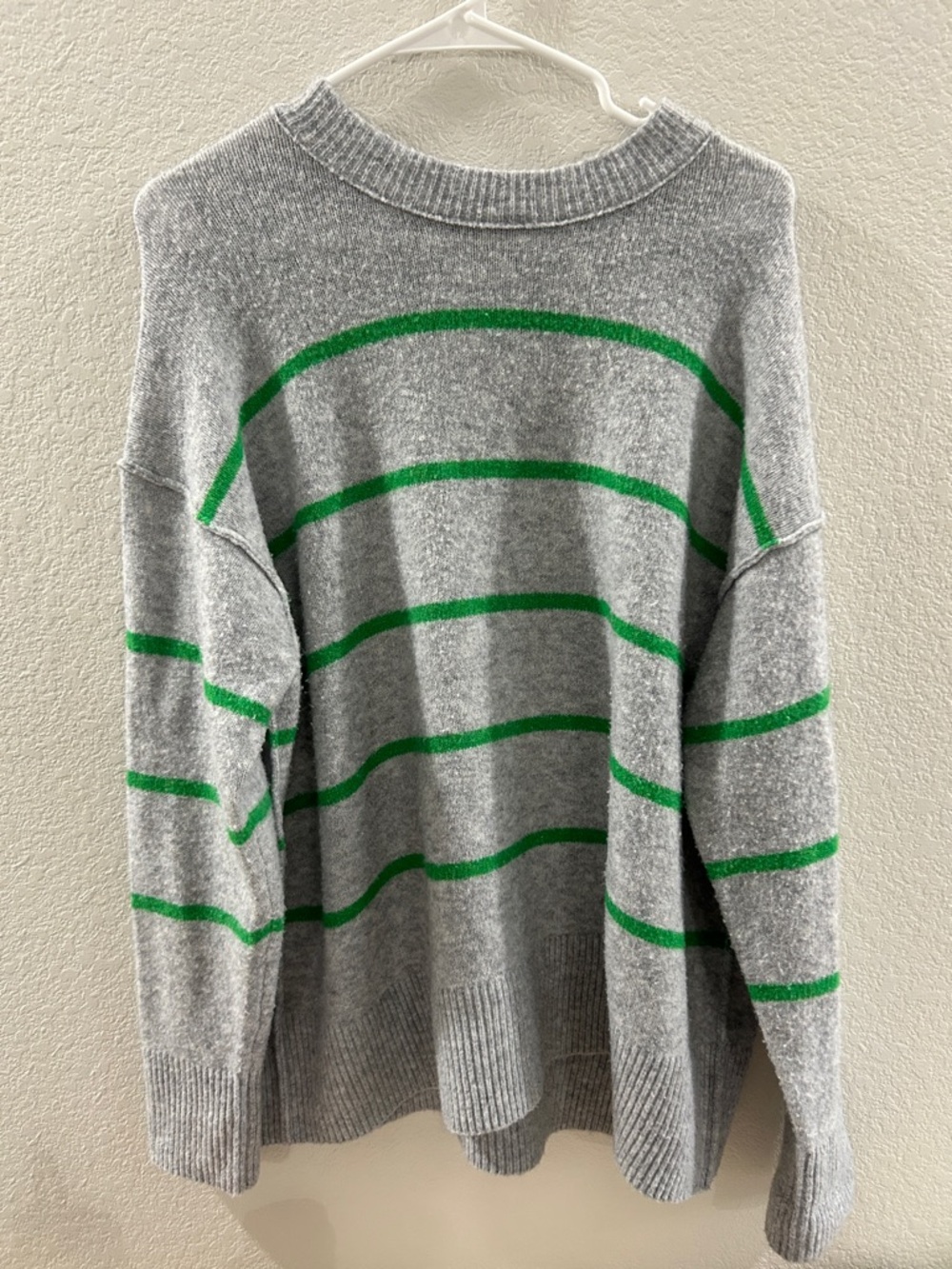 Aerie Oversized Gray and Green Striped Crewneck Sweater